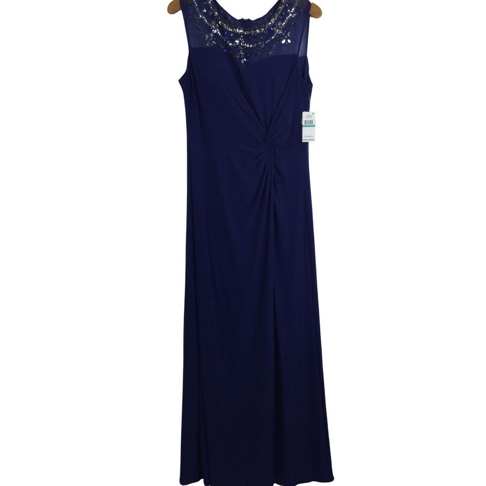 Alex Evenings Beaded Illusion Sweetheart Neck Knotted Long Dress Royal 16 NWT